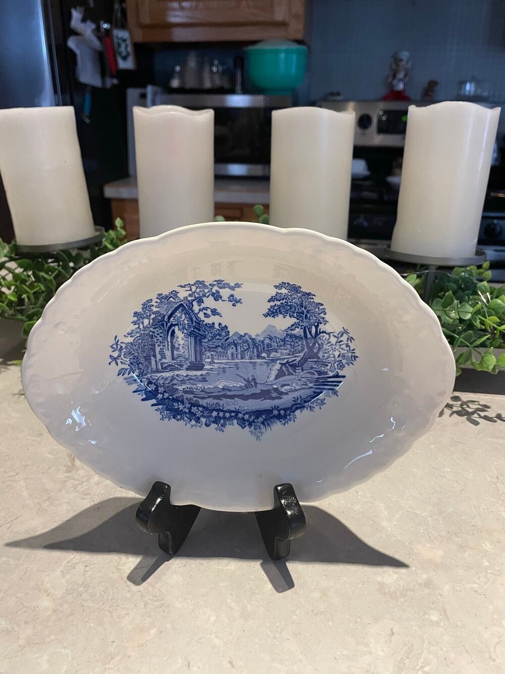 Vintage Blue Cream Countryside Scene English Abbey Oval Serving Bowl 8.25x6x1.75